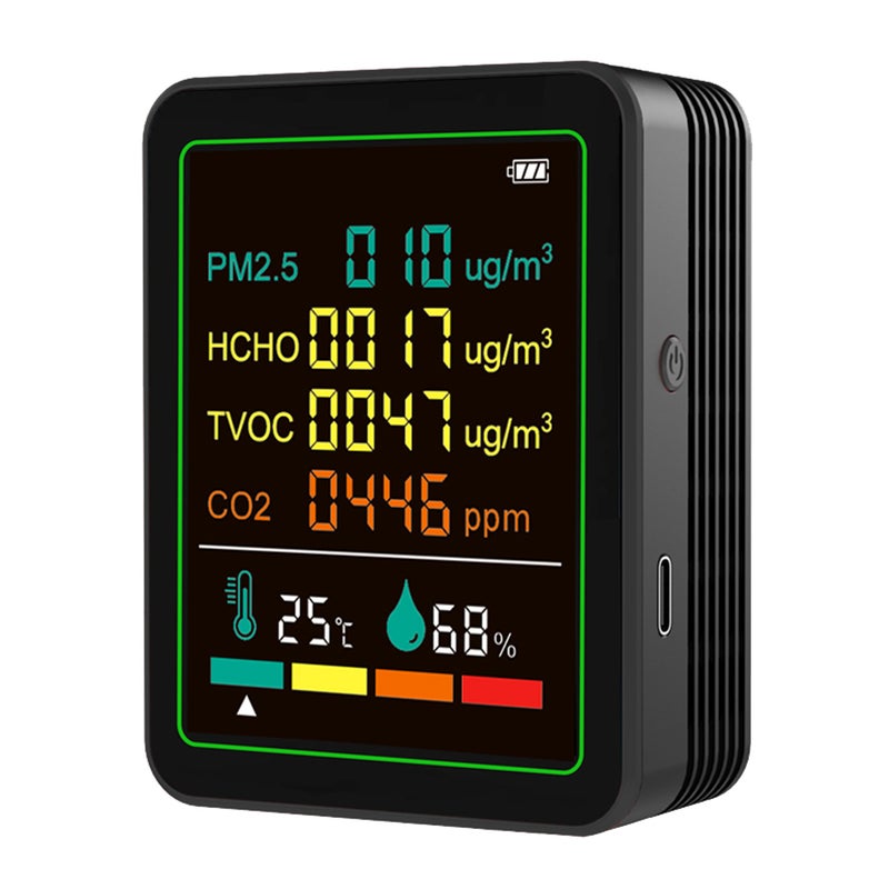 Air Quality Monitor: 6-In-One High-Precision Sensor - Black Wall-Mount Rechargeable CO2 Monitor for Indoor Home Office Real-Time Environmental Monitoring - Image 2
