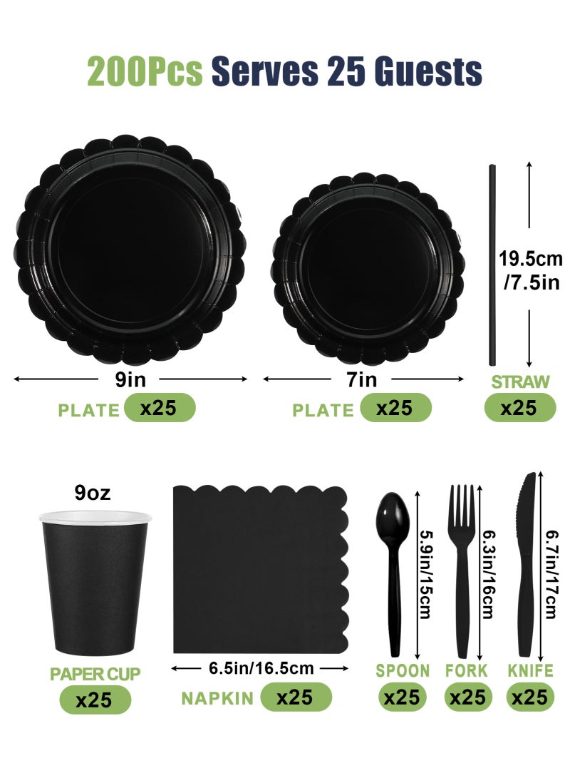URbazaar 200 Pcs Blcak Paper Plates and Napkins, Light Blcak Party Supplies Include Scalloped Plate Napkins Cups Plastic Spoons Forks Knives for Baby Shower, Wedding, Birthday  - Image 2