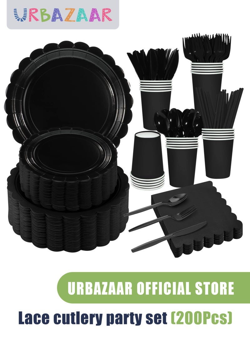 URbazaar 200 Pcs Blcak Paper Plates and Napkins, Light Blcak Party Supplies Include Scalloped Plate Napkins Cups Plastic Spoons Forks Knives for Baby Shower, Wedding, Birthday  - Image 1