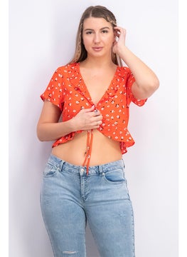 Bershka Women Ruffled Neck Short Sleeve Printed Top, Red  - Image 1