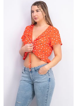 Bershka Women Ruffled Neck Short Sleeve Printed Top, Red  - Image 4
