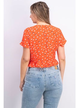 Bershka Women Ruffled Neck Short Sleeve Printed Top, Red  - Image 2