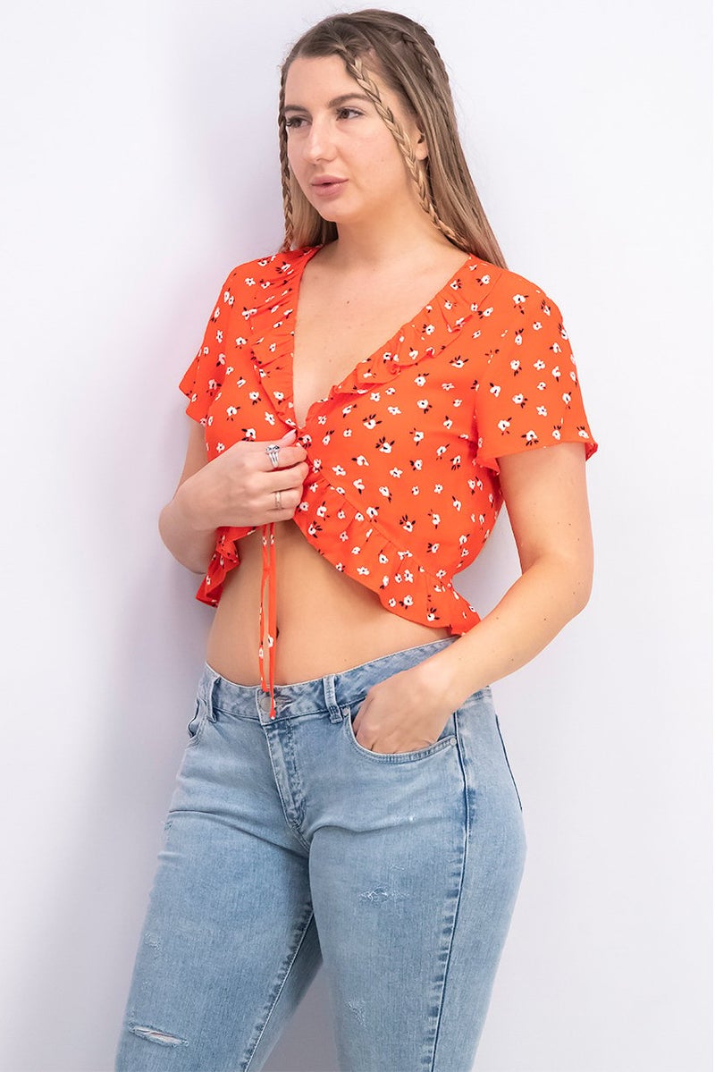 Bershka Women Ruffled Neck Short Sleeve Printed Top, Red - Image 4