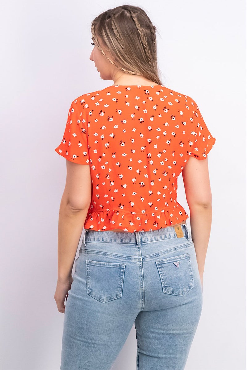 Bershka Women Ruffled Neck Short Sleeve Printed Top, Red - Image 2