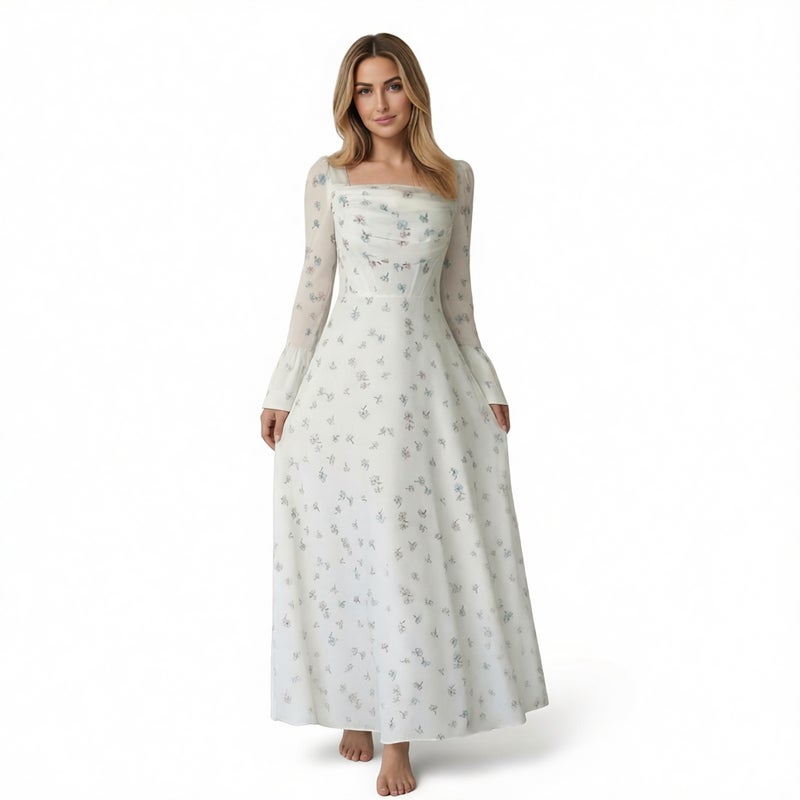 Elegant Floral Print Ruffle Waist Flared Sleeve Dress - Image 1