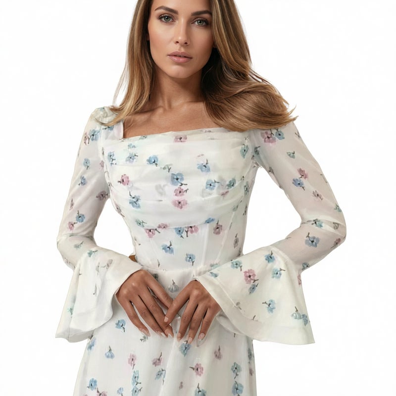 Elegant Floral Print Ruffle Waist Flared Sleeve Dress - Image 2