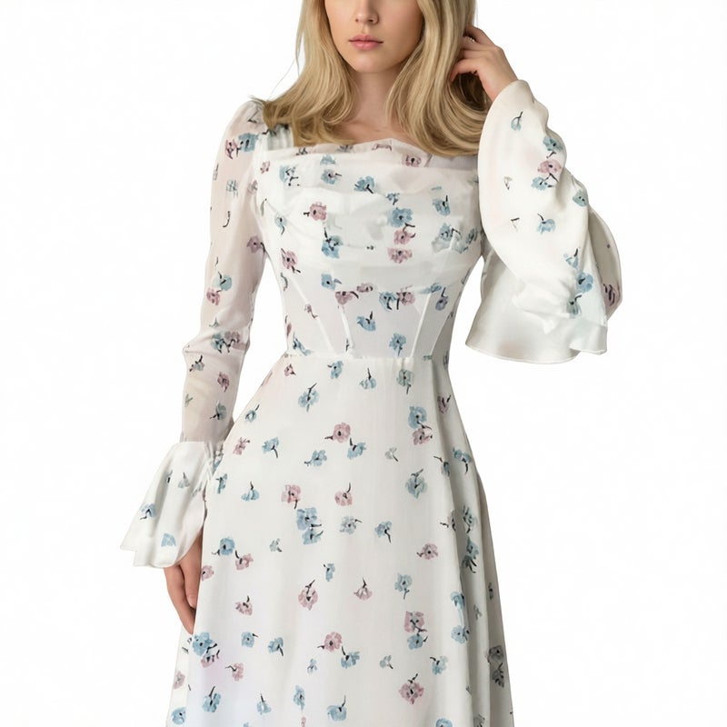 Elegant Floral Print Ruffle Waist Flared Sleeve Dress - Image 3