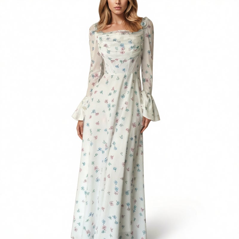 Elegant Floral Print Ruffle Waist Flared Sleeve Dress - Image 4