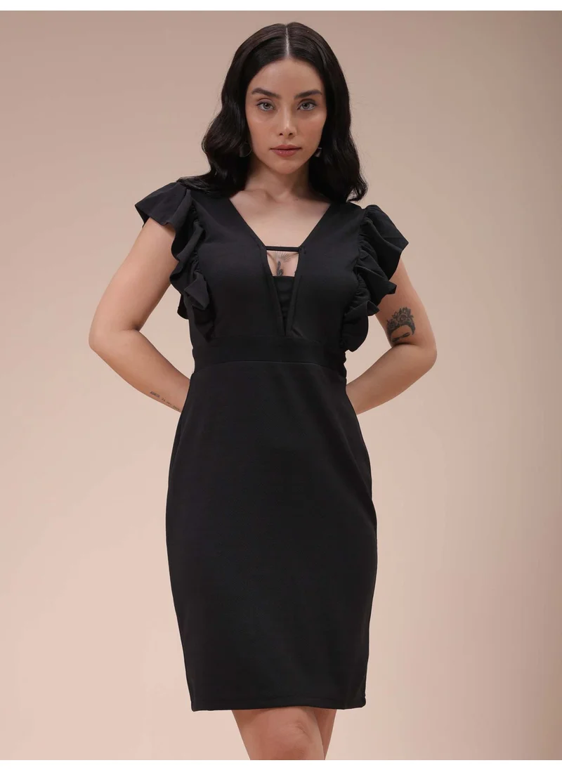 مرفوعة Women Party Fitted Textured Cut And Sew V-Neck Above Knee Ruffle Dress