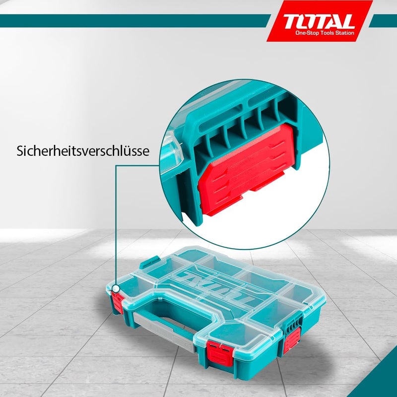 توتال صندوق منظم الأدوات بمقصورات قابلة للتعديل، تخزين متين للأدوات والأجزاء الصغيرة والمعدات، محمول مع أقفال آمنة وغطاء شفاف - مثالي للمشاريع الشخصية، وورش العمل، والاستخدام الاحترافي - Image 3