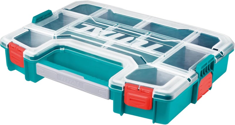 توتال صندوق منظم الأدوات بمقصورات قابلة للتعديل، تخزين متين للأدوات والأجزاء الصغيرة والمعدات، محمول مع أقفال آمنة وغطاء شفاف - مثالي للمشاريع الشخصية، وورش العمل، والاستخدام الاحترافي - Image 1