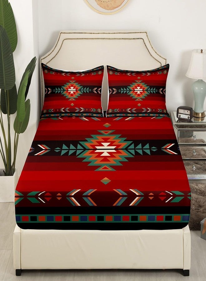 Feelyou Twin Size Southwest Native Design Bed Sheet Set Boys Girls Southwestern Geometric Fitted Sheet for Kids Ultra Soft Tribal Bedding Set Red Green Bed Cover Room Decor - Image 2