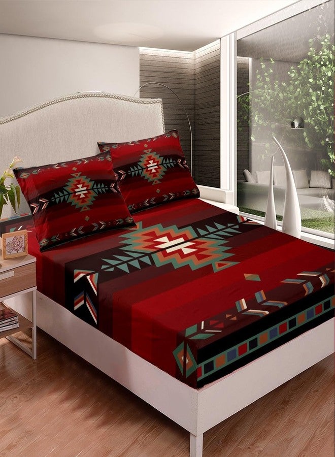 Feelyou Twin Size Southwest Native Design Bed Sheet Set Boys Girls Southwestern Geometric Fitted Sheet for Kids Ultra Soft Tribal Bedding Set Red Green Bed Cover Room Decor - Image 3