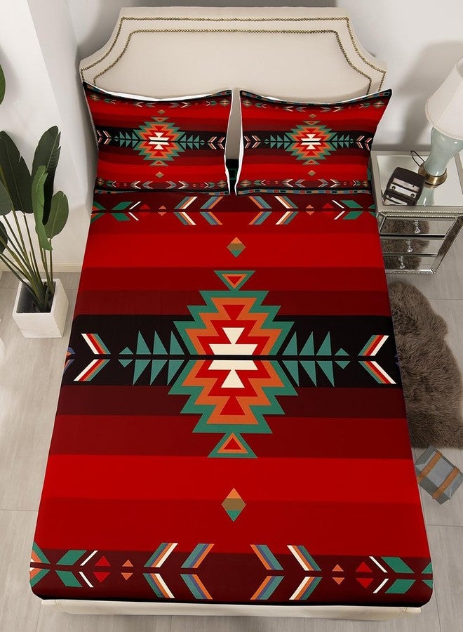 Feelyou Twin Size Southwest Native Design Bed Sheet Set Boys Girls Southwestern Geometric Fitted Sheet for Kids Ultra Soft Tribal Bedding Set Red Green Bed Cover Room Decor - Image 1