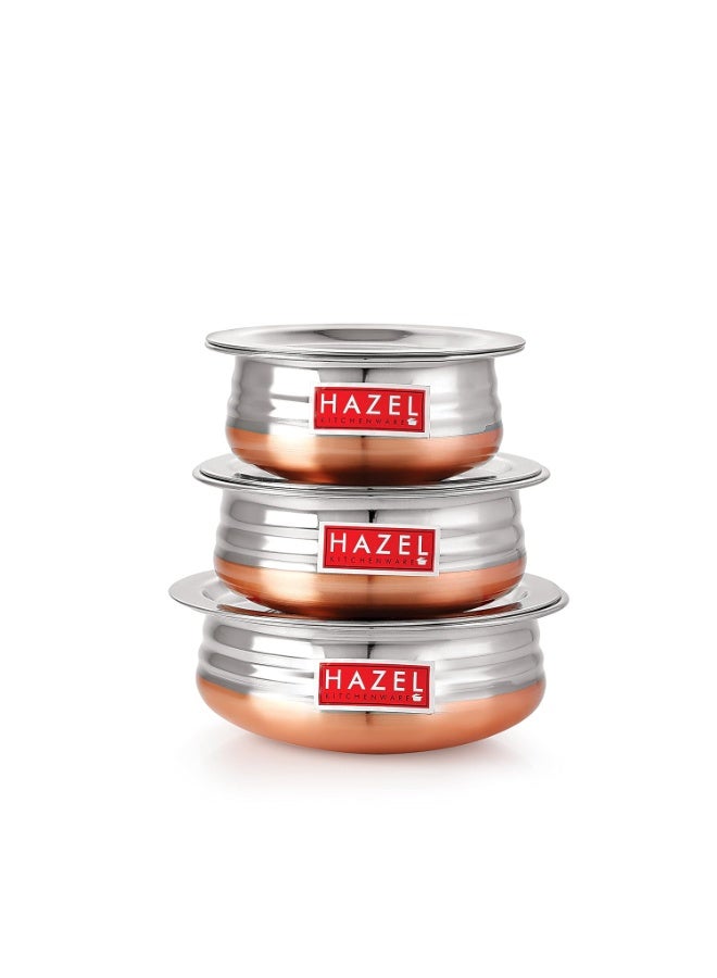 HAZEL Stainless Steel Kitchen Set with Lid | Copper Bottom Serving Bowl Set of 3, 800 ml, 1200 ml, 1600 ml with I Stainless Steel Vessels Tasra Kadai, Silver and Copper - Image 1