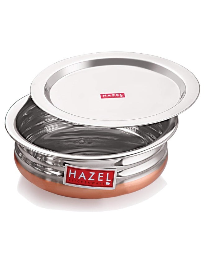 HAZEL Stainless Steel Kitchen Set with Lid | Copper Bottom Serving Bowl Set of 3, 800 ml, 1200 ml, 1600 ml with I Stainless Steel Vessels Tasra Kadai, Silver and Copper - Image 3