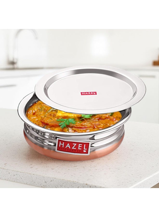 HAZEL Stainless Steel Kitchen Set with Lid | Copper Bottom Serving Bowl Set of 3, 800 ml, 1200 ml, 1600 ml with I Stainless Steel Vessels Tasra Kadai, Silver and Copper - Image 4
