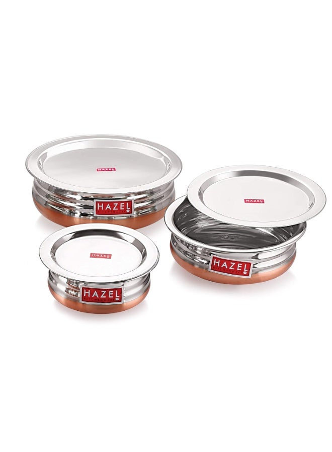 HAZEL Stainless Steel Kitchen Set with Lid | Copper Bottom Serving Bowl Set of 3, 800 ml, 1200 ml, 1600 ml with I Stainless Steel Vessels Tasra Kadai, Silver and Copper - Image 2