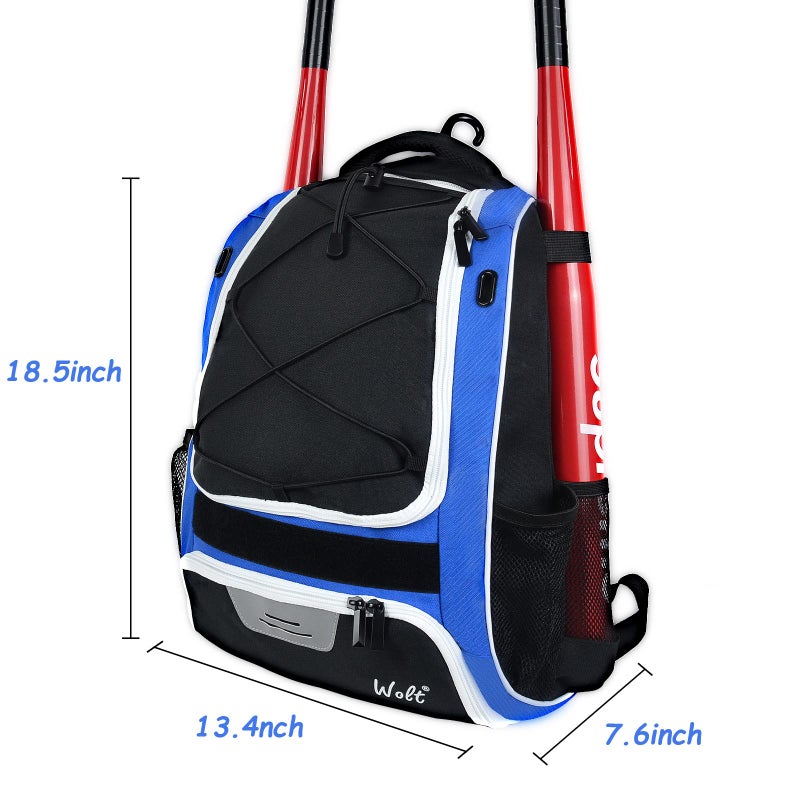 WOLT | Youth Baseball Bat Backpack - Bag for Baseball, Softball & T-Ball Equipment & Gear, Youth and Adults, with Holder for Bat, Helmet, Glove, & Shoes Compartment & Fence Hook (Blue) - Image 2