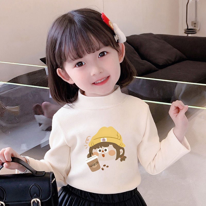 Girls' Semi-High Collar Velvet Casual Long-Sleeved T-Shirt Autumn New Arrival Medium And Large Children'S Wear Cartoon Printed Western Style Girls' T-Shirt - Image 1