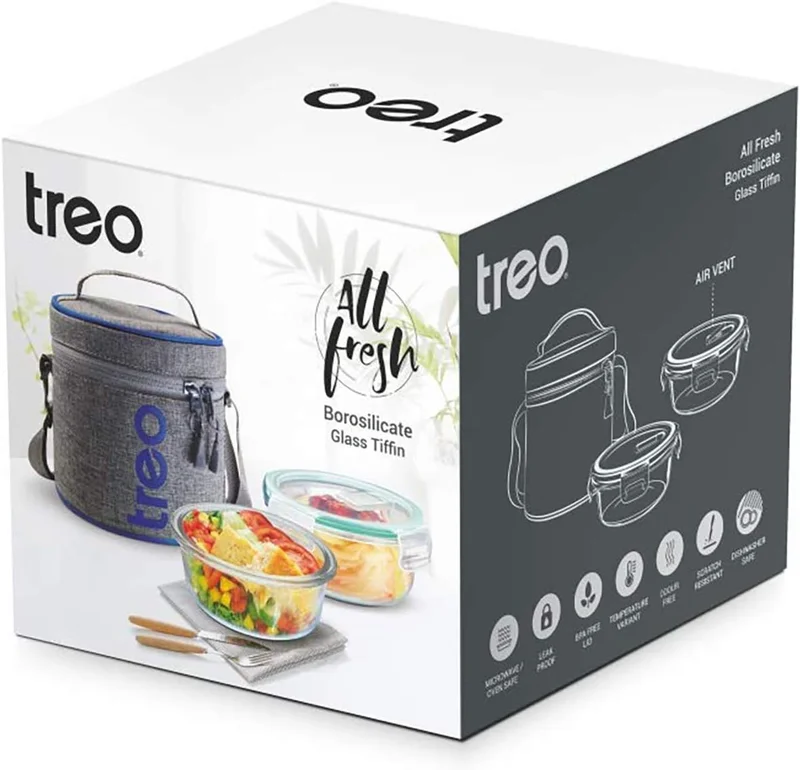 TREO Treo By Milton All Fresh Borosilicate Glass Tiffin, 380 ml, Set of 2, Transparent | Microwave Safe | Leak proof | BPA Lid Free | Temperature Variant | Odour Free | Scratch Resistance | Dishwasher Safe