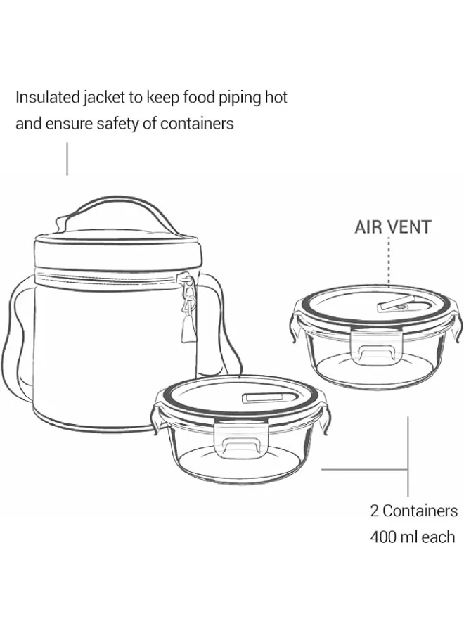 TREO Treo By Milton All Fresh Borosilicate Glass Tiffin, 380 ml, Set of 2, Transparent | Microwave Safe | Leak proof | BPA Lid Free | Temperature Variant | Odour Free | Scratch Resistance | Dishwasher Safe