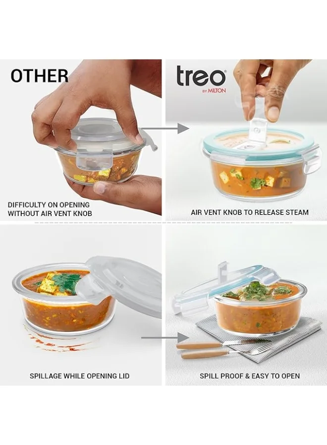 TREO Treo By Milton All Fresh Borosilicate Glass Tiffin, 380 ml, Set of 2, Transparent | Microwave Safe | Leak proof | BPA Lid Free | Temperature Variant | Odour Free | Scratch Resistance | Dishwasher Safe