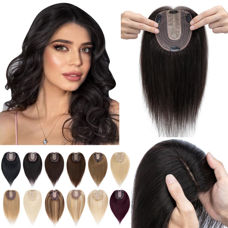 SEGO Hair Toppers for Women Real Human Hair No Bangs 130 Density 10  12CM Silk Base Remy Clip in Top Wiglet Hairpieces Add Volume14 Inch Natural Black