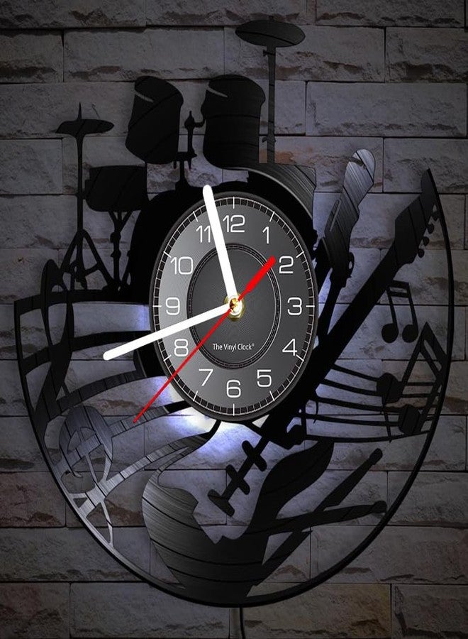 Timethink 12 Inch Guitar and Drum Kit LED Vinyl Record Wall Clock with 7 Colors Changing Non-Ticking, Modern Rock N Roll Instrument Night Light Wall Clock Drummer Gifts for Men Guitarist Music Lovers - Image 5