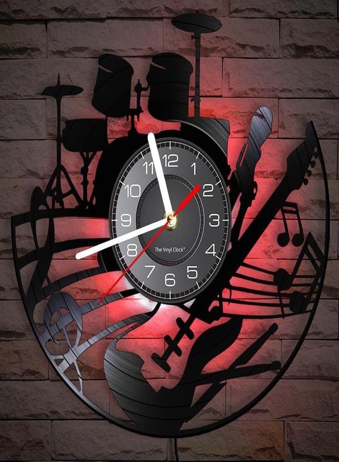 Timethink 12 Inch Guitar and Drum Kit LED Vinyl Record Wall Clock with 7 Colors Changing Non-Ticking, Modern Rock N Roll Instrument Night Light Wall Clock Drummer Gifts for Men Guitarist Music Lovers - Image 4