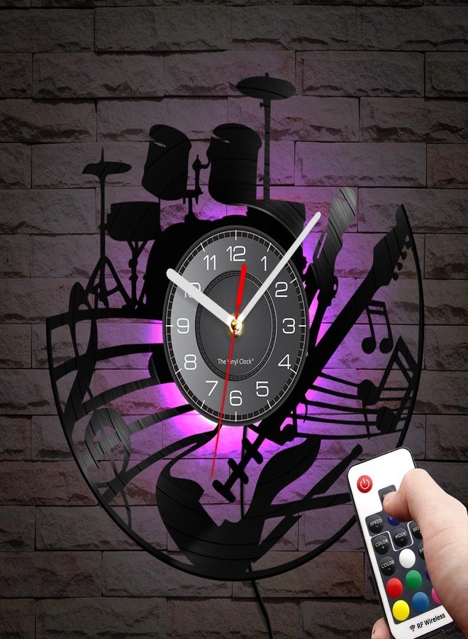 Timethink 12 Inch Guitar and Drum Kit LED Vinyl Record Wall Clock with 7 Colors Changing Non-Ticking, Modern Rock N Roll Instrument Night Light Wall Clock Drummer Gifts for Men Guitarist Music Lovers - Image 1