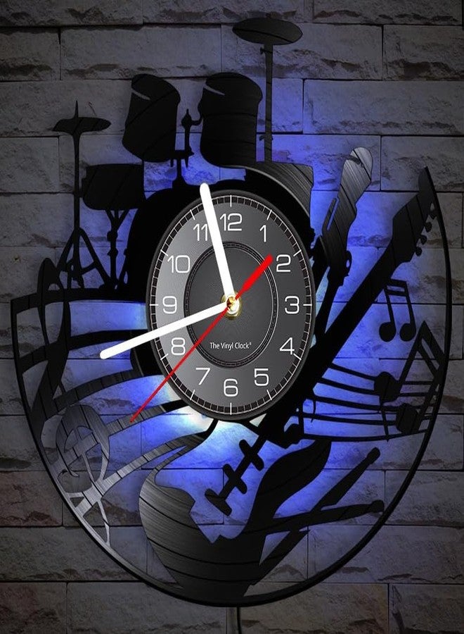 Timethink 12 Inch Guitar and Drum Kit LED Vinyl Record Wall Clock with 7 Colors Changing Non-Ticking, Modern Rock N Roll Instrument Night Light Wall Clock Drummer Gifts for Men Guitarist Music Lovers - Image 3