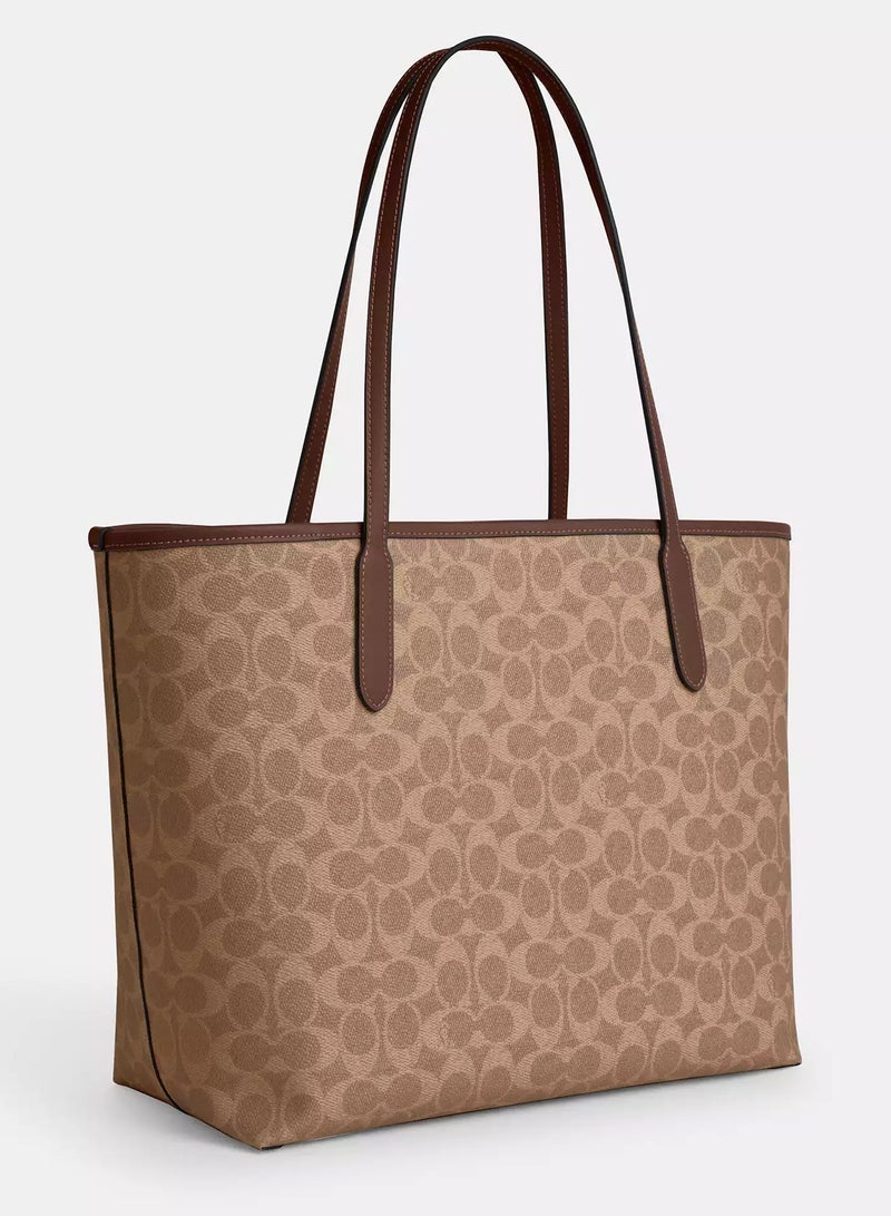 coachoutlet Coach City Tote Bag In Signature Canvas, Women's Cross Body Bag, Women's Hand Bag, Women's Shoulder Bag, Women's Travel Bag, Gold-Tan-Brown  - Image 3