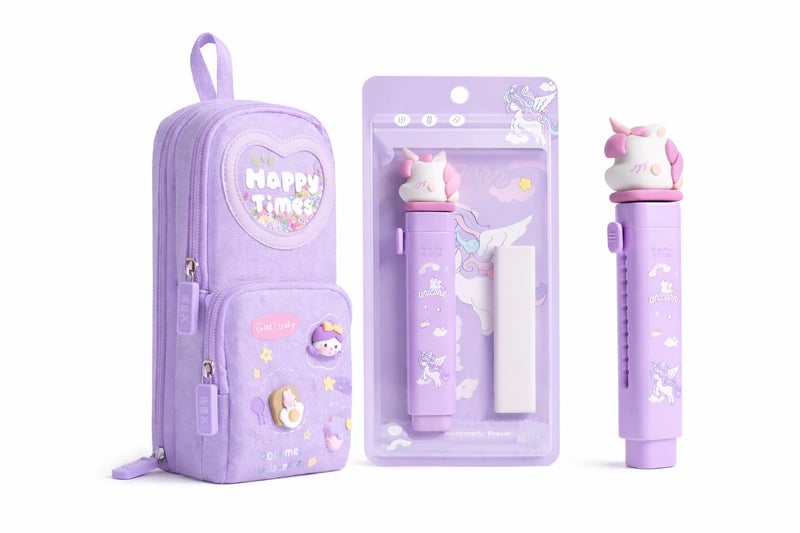 Parshya Purple Stationery Combo Set for Girls | Kawaii Pencil Case Pouch with Zipper & Push Pull Eraser with Refills | Back to School Supplies Gift for Kids - Image 1