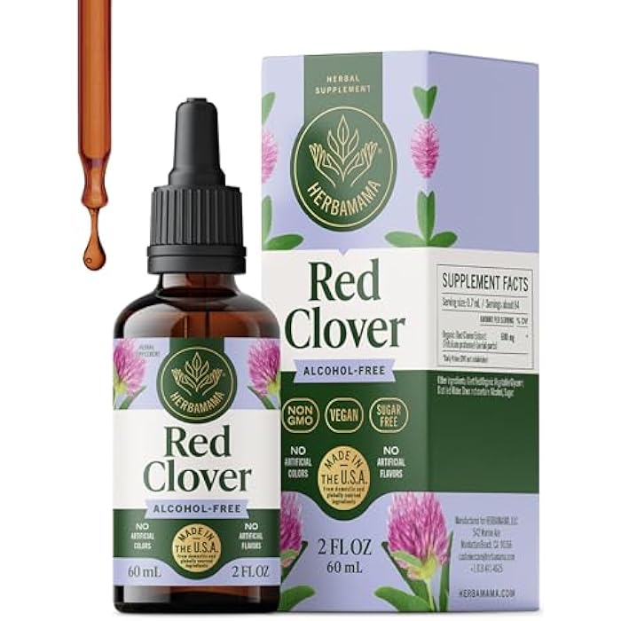 HERBAMAMA Red Clover Supplement for Menopause Support* - Liquid Red Clover Herb with Isoflavones for Hormone Balance for Women - Lymphatic Drainage Drops - Vegan, Non-GMO, 42-Day Supply - Image 1
