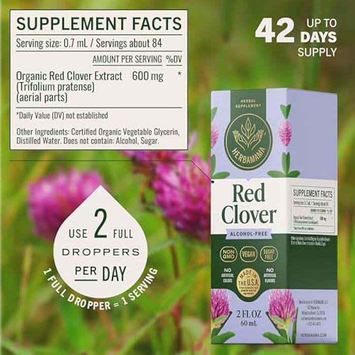 HERBAMAMA Red Clover Supplement for Menopause Support* - Liquid Red Clover Herb with Isoflavones for Hormone Balance for Women - Lymphatic Drainage Drops - Vegan, Non-GMO, 42-Day Supply - Image 3