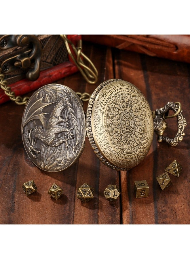 Keller & Weber Mini DND Dice Set with Steampunk Dragon Pocket Watch Case, Tiny 7-Piece Polyhedral Metal D&D Dice, DND Gifts with Gift Box for DND Lovers, Role Playing Game Board Game Accessories Dice, Bronze  - Image 4