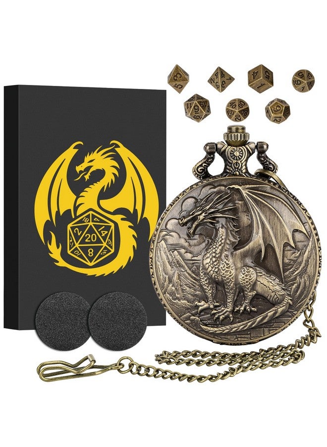 Keller & Weber Mini DND Dice Set with Steampunk Dragon Pocket Watch Case, Tiny 7-Piece Polyhedral Metal D&D Dice, DND Gifts with Gift Box for DND Lovers, Role Playing Game Board Game Accessories Dice, Bronze  - Image 1