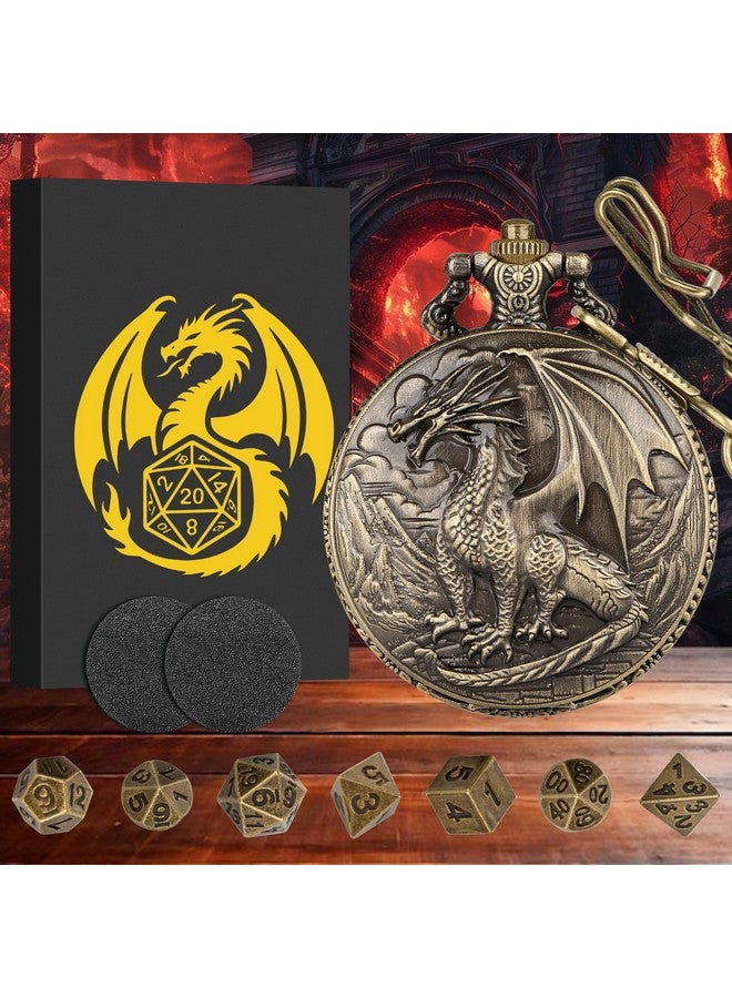Keller & Weber Mini DND Dice Set with Steampunk Dragon Pocket Watch Case, Tiny 7-Piece Polyhedral Metal D&D Dice, DND Gifts with Gift Box for DND Lovers, Role Playing Game Board Game Accessories Dice, Bronze  - Image 2