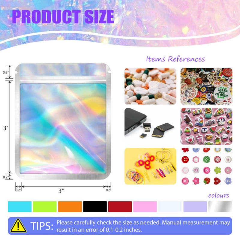 JETMORE 100pcs Holographic Mylar Bags, Resealable, 3x4 Inch, Food Grade, Jewelry, Cosmetics, Waterproof - Image 2