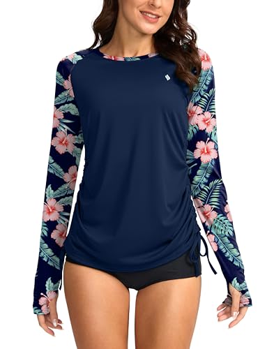 SANTINY Women's UPF50+ Rash Guard SPF Long Sleeve Swimsuits Top UV Sun Protection Swim Shirts for Woman (Dark Blue Navy Flower_M) - Image 1