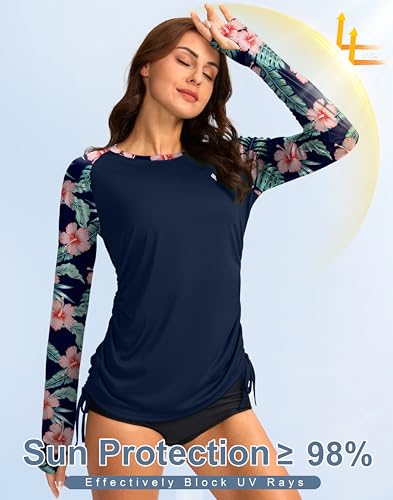SANTINY Women's UPF50+ Rash Guard SPF Long Sleeve Swimsuits Top UV Sun Protection Swim Shirts for Woman (Dark Blue Navy Flower_M) - Image 3