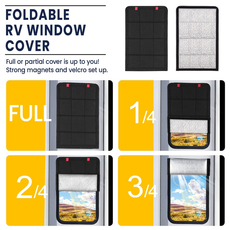 funomo RV Door Window Shade, Foldable Magnet RV Blackout Window Cover, UV Rays Protection Camper Trailer Window Cover, Waterproof Thickened Oxford and Silver Fabric with Storage Bag (Black Silver) - Image 2