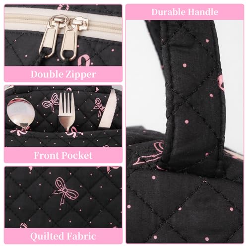WOBAGMEN Quilted Lunch Box for Women,Lunch Box for Teen Girls,Cute Floral Lunch Bags for Work, School,Office,Picnic,Travel (black bow polka dots) - Image 3
