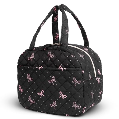 WOBAGMEN Quilted Lunch Box for Women,Lunch Box for Teen Girls,Cute Floral Lunch Bags for Work, School,Office,Picnic,Travel (black bow polka dots) - Image 1