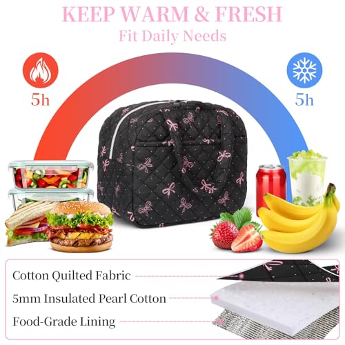 WOBAGMEN Quilted Lunch Box for Women,Lunch Box for Teen Girls,Cute Floral Lunch Bags for Work, School,Office,Picnic,Travel (black bow polka dots) - Image 5