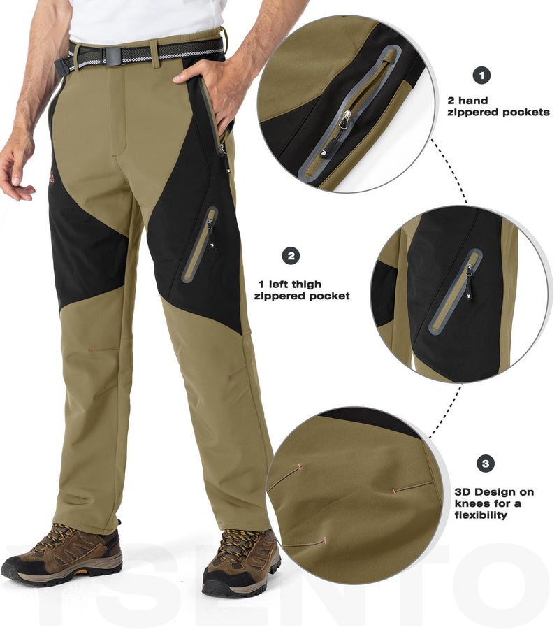 YSENTO Men's Fleece Lined Ski Snow Pants Winter Waterproof Softshell Insulated Hiking Cargo Pants Khaki Size 38 - Image 4