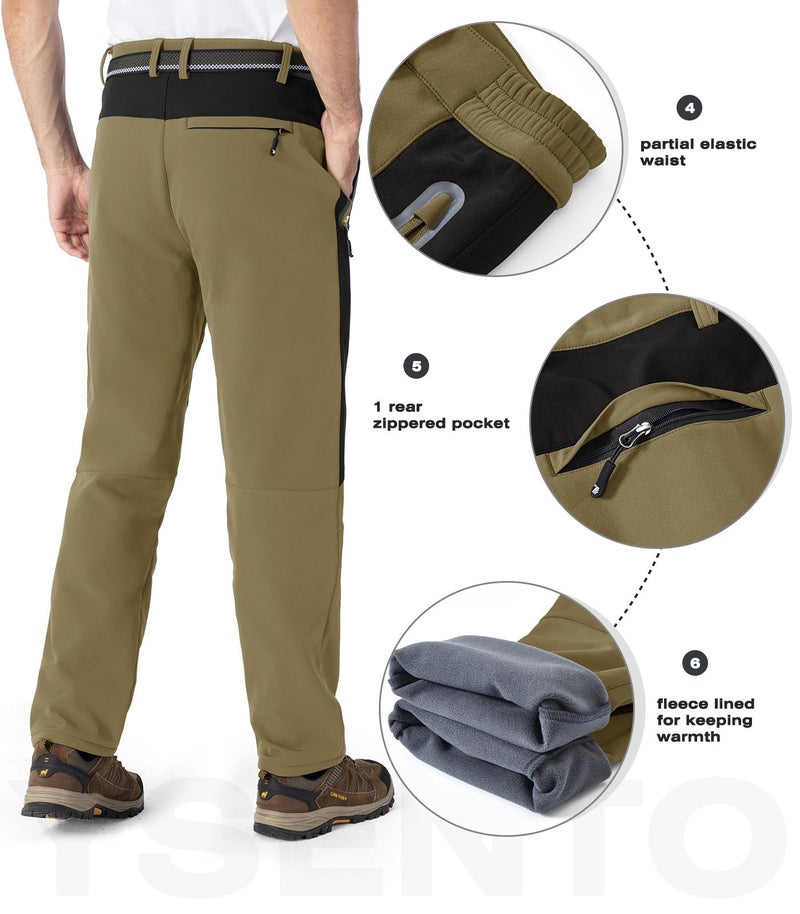 YSENTO Men's Fleece Lined Ski Snow Pants Winter Waterproof Softshell Insulated Hiking Cargo Pants Khaki Size 38 - Image 5