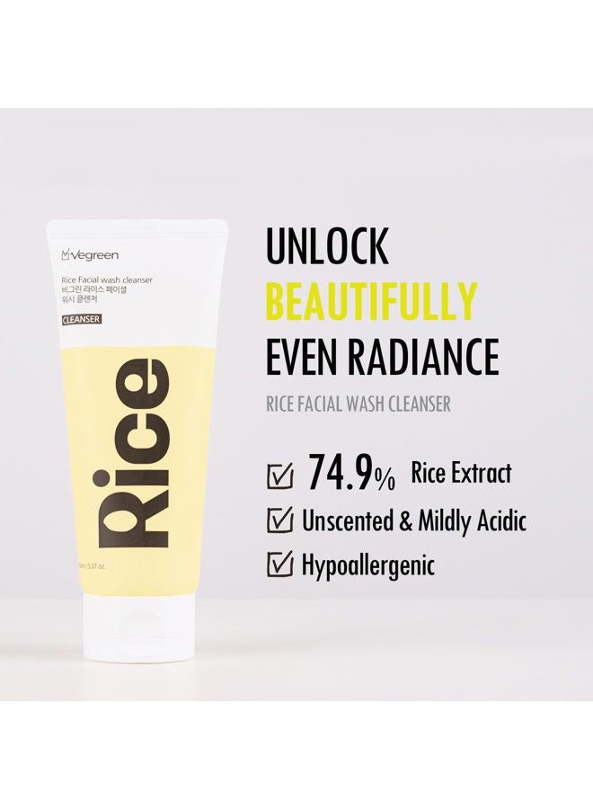 VEGREEN Rice Face Wash Mild Foaming Facial Cleanser for Dry Skin | pH Balancing Hydrating Facial Cleanser Face Wash for All Skin Types | Moisturizing Face Cleaner for Skin Brightening 5.07 fl oz - Image 2