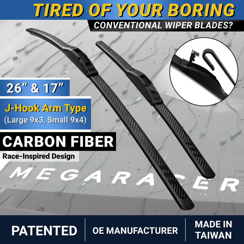 Mega Racer Premium Silicone Carbon Fiber Windshield Wiper Blades 26" & 17" - Patented All-Season, Quiet & Smooth Streak-Free Clean Wipe, OEM Quality, Front Automotive Replacement Wipers for Car & Truck (2 Pack) - Image 2